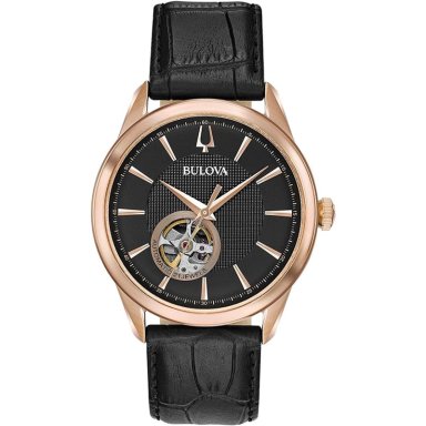 BULOVA RELOJ CLÁSICO AUTOMÁTICO HOMBRE CORREA CUERO APERTURA SEGUNDERO | NEGRO