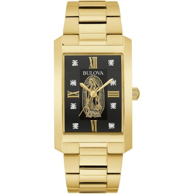 BULOVA RELOJ NUESTRA SEÑORA DE GUADALUPE PARA HOMBRE 3 AGUJAS DE CUARZO DIAMANTES | ORO/NEGRO