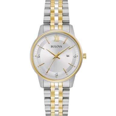 BULOVA RELOJ CLÁSICO MUJER CUARZO 3 AGUJAS DIAMANTES CALENDARIO FECHA | ORO/PLATA