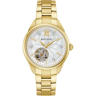BULOVA RELOJ CLÁSICO MUJER 3 AGUJAS DIAMANTES ACERO ESFERA NÁCAR APERTURA | ORO