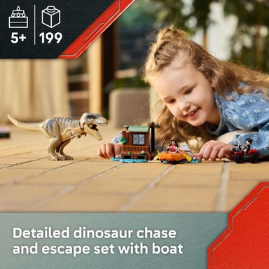 LEGO JURASSIC WORLD T. REX ESCAPE DEL RÍO, DINOSAURIO CON BARCO Y MINIFIGURAS - 2