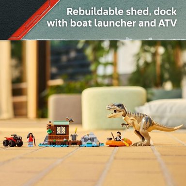 LEGO JURASSIC WORLD T. REX ESCAPE DEL RÍO, DINOSAURIO CON BARCO Y MINIFIGURAS - 3