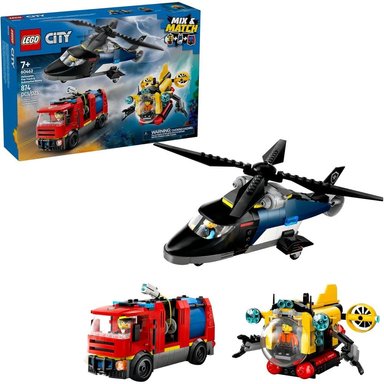 LEGO CITY HELICÓPTERO, CAMIÓN DE BOMBEROS Y SUBMARINO, INCLUYE 3 MINIFIGURAS