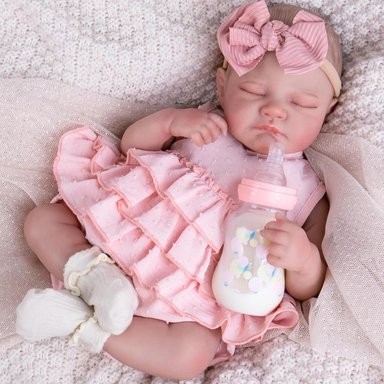 AORI MUÑECA BEBÉ REBORN 20'/51 CM DURMIENDO CON ATUENDO Y KIT DE ALIMENTACIÓN | ROSA CLARO
