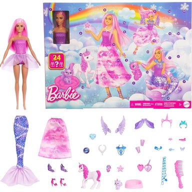 BARBIE CALENDARIO DE ADVIENTO, 24 ACCESORIOS SORPRESA, TRANSFORMA MUÑECA EN SIRENA Y HADA