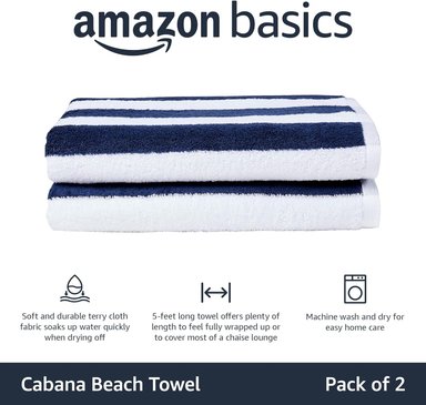 BASICS CABANA STRIPE - TOALLA DE PLAYA A RAYAS, PAQUETE DE 2, AZUL MARINO, 59.84 PULGADAS DE LARGO X 29.92' DE ANCHO - 2