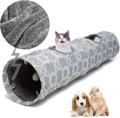 LUCKITTY TÚNEL GEOMÉTRICO RECTO PARA GATOS CON INTERIOR DE FELPA, TÚNEL PLEGABLE CON BOLAS, PARA CONEJOS, GATITOS Y PERROS