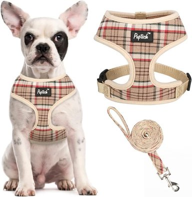 PUPTECK JUEGO DE ARNÉS Y CORREA DE MALLA SUAVE PARA MASCOTA CHALECO ACOLCHADO CÓMODO ARNESES SIN TIRONES, CAQUI, XS