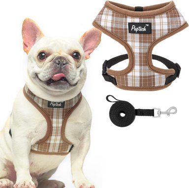 PUPTECK JUEGO DE ARNÉS Y CORREA DE MALLA SUAVE PARA MASCOTA CHALECO ACOLCHADO CÓMODO ARNESES SIN TIRONES, MARRÓN, S