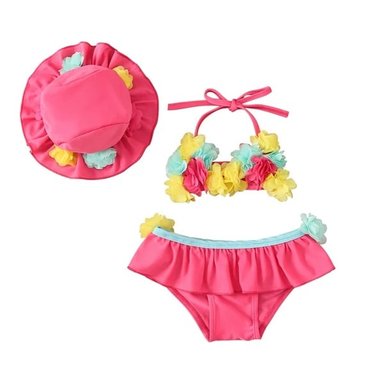 ROPA DE BAÑO 3 PIEZAS PARA BEBE NIÑA FUCSIA DE FLORES 1 AÑO
