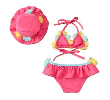 ROPA DE BAÑO 3 PIEZAS PARA BEBE NIÑA FUCSIA DE FLORES 1 AÑO - 2