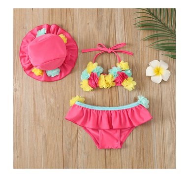 ROPA DE BAÑO 3 PIEZAS PARA BEBE NIÑA FUCSIA DE FLORES 1 AÑO - 3