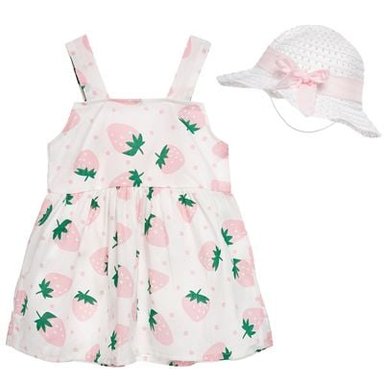 VESTIDO BEBÉ NIÑA LIMA FASHION KIDS BLANCO FRESAS ROSAS Y SOMBRERO