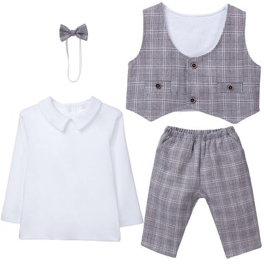 TERNO LARGO UNISEX BANANITAS GRIS OSCURO FIESTA 4 PIEZAS BEBÉ ADORABLE CUADROS