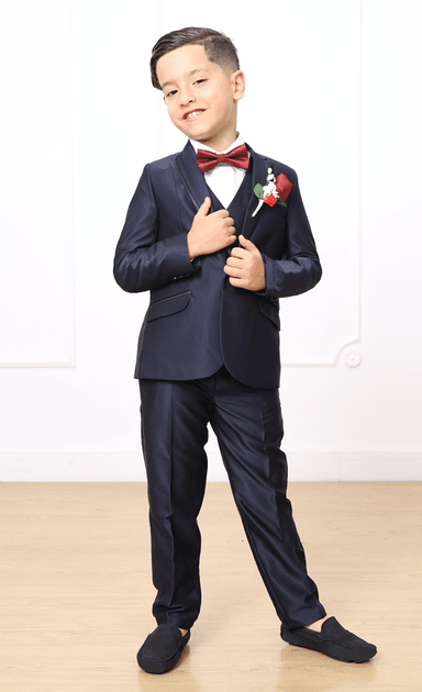 TERNO LINO NIÑO LIMA FASHION KIDS AZUL OSCURO FIESTA 3 PIEZAS SOFISTICADO AZUL NOCHE VERSAGE SATINADO