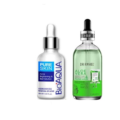 SET SERUM FACIAL BIO AQUA ACLARANTE ANTI ACNE + PRIMER DR RASHEL ALOE VERA CALMA SUAVIZA - 1