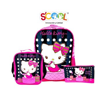 SET SCOOL HELLO KITTY MOCHILA LONCHERA Y CARTUCHERA 3 EN 1 NEGRO