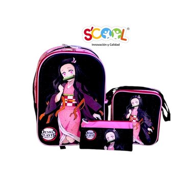 SET SCOOL NESUKO KIMETSU NO YAIBA MOCHILA LONCHERA Y CARTUCHERA 3 EN 1 DEMON SLAYER NEGRO