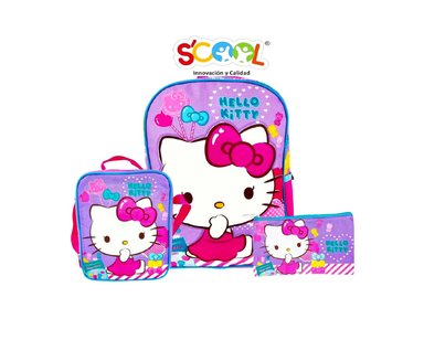 SET SCOOL HELLO KITTY MOCHILA LONCHERA Y CARTUCHERA DISEÑO LAZOS FUCSIA