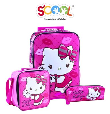 SET 3 EN 1 SCOOL RUEDAS DISEÑO HELLO KITTY MOCHILA LONCHERA Y CARTUCHERA ROSADO
