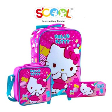 SET 3 EN 1 SCOOL RUEDAS DISEÑO HELLO KITTY LETRAS MOCHILA LONCHERA Y CARTUCHERA FUCSIA