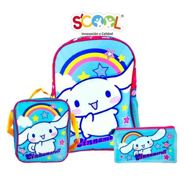 SET SCOOL CINAMONROLL MOCHILA LONCHERA Y CARTUCHERA 3 EN 1 CELESTE CLARO