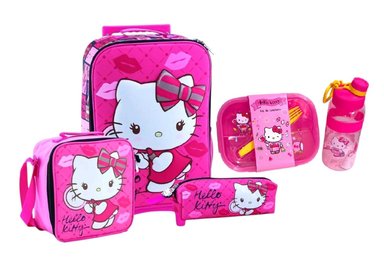 SET RUEDAS KITTY MOCHILA LONCHERA CARTUCHERA TOMATODO Y TAPER