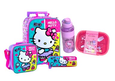 SET RUEDAS KITTY MOCHILA LONCHERA CARTUCHERA TOMATODO Y TAPER