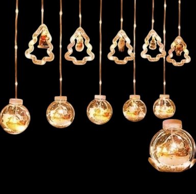 LUCES CORTINA DE NAVIDAD DISEÑO FIGURAS ESFERAS - TONO CÁLIDO