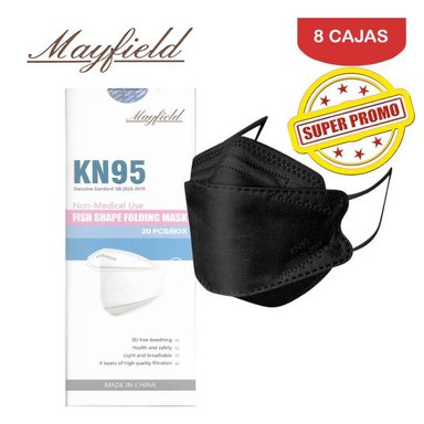 MASCARILLA MAYFIELD KN95 FISH SHAPE 3D NEGRO PACK X8 CAJA 20 UNIDADES