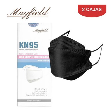 MASCARILLA MAYFIELD KN95 FISH SHAPE 3D NEGRO PACK X2 CAJA 20 UNIDADES