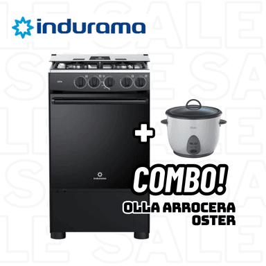 COCINA A GAS GLP INDURAMA 4 HORNILLAS GOYA NEGRO + OLLA ARROCERA OSTER