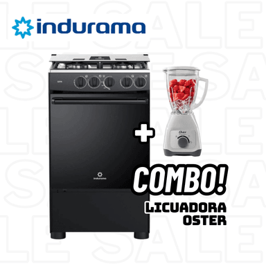 COCINA A GAS GLP INDURAMA 4 HORNILLAS GOYA NEGRO + LICUADORA OSTER BLANCA