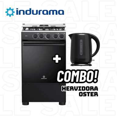 COCINA A GAS GLP INDURAMA 4 HORNILLAS GOYA NEGRO + HERVIDOR OSTER NEGRO