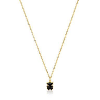 COLLAR CORTO BAÑO DE ORO 18 KT PLATA Y MOTIVO OSO EN ÓNIX