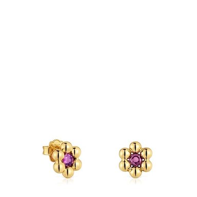 ARETES CORTOS FLOR CON BAÑO DE ORO 18 KT SOBRE PLATA Y RODOLITA SUGAR PARTY