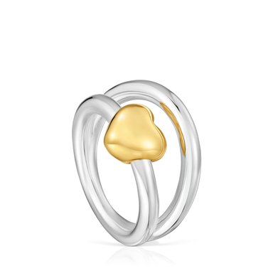 ANILLO DE PLATA BAÑO ORO CORAZON BICOLOR