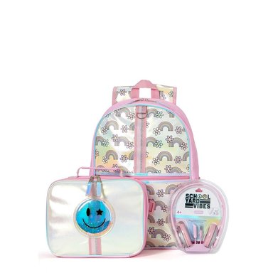 MOCHILA ESCOLAR , LONCHERA Y AURICULARES CARA FELIZ. SET 3 PIEZAS - SCHOOLYARD VIBES