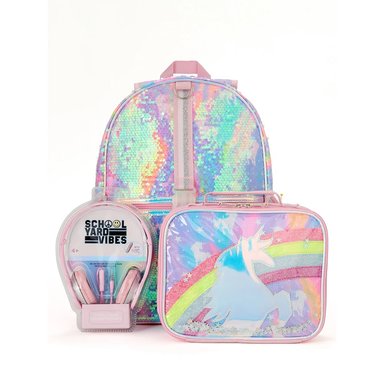 MOCHILA MULTICOLOR ESCOLAR LONCHERA Y AURICULARES UNICORNIO SET 3 PIEZAS SCHOOLYARD VIBES OFICIO