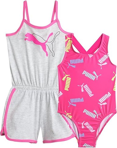CONJUNTO NIÑA PUMA ROSADO ROPA BAÑO MÁS ENTERIZO . SET 2 PIEZAS