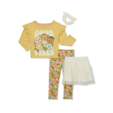 CONJUNTO LARGO NIÑA COCOMELON AMARILLO 4 PIEZAS TUTU LEGGINS COLET POLO MANGA LARGA