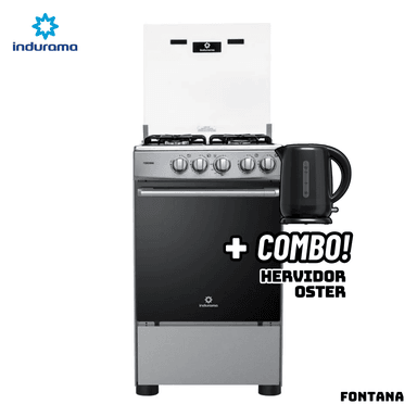 COCINA DE PIE A GAS INDURAMA 4 QUEMADORES FONTANA + HERVIDOR OSTER NEGRO