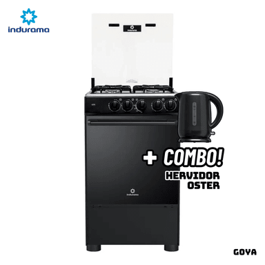 COCINA DE PIE A GAS INDURAMA 4 QUEMADORES GOYA + HERVIDOR OSTER NEGRO