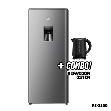 REFRIGERADORA INDURAMA 177 L CON DISP DE AGUA PLATEADO RI-289D + HERVIDOR OSTER NEGRO