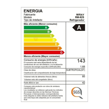 FRIGOBAR MIRAY 85 L PLATA - RM-92S - 7