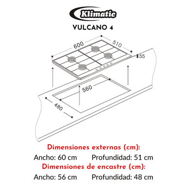 COCINA EMPOTRABLE A GAS KLIMATIC VULCANO 4 4HORNILLAS - 6