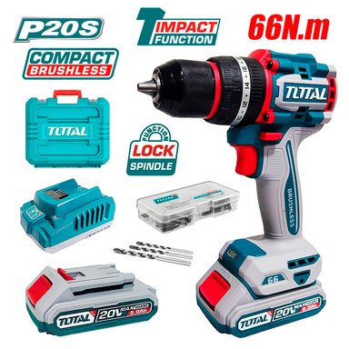 TALADRO TOTAL TOOLS TIDLI20668 ATORNILLADOR PERCUTOR INDUSTRIAL 1/2" TOTAL 20V 66NM 2BAT X 2AH BRUSHLESS + ACCESORIOS