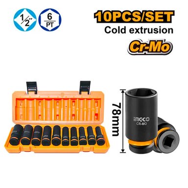 JUEGO SET DADOS IMPACTO LARGOS INGCO HKISSD12102L 1/2' 10 PCS