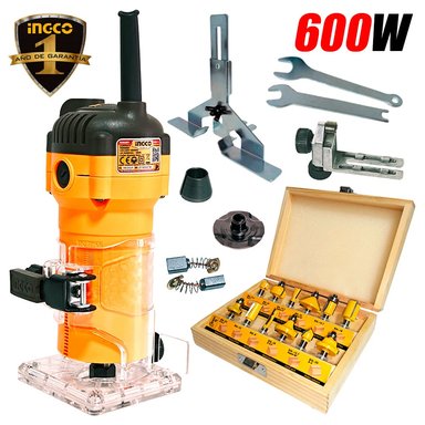 RUTEADORA FRESADORA TUPI DE MANO 6MM ¼″ PROFESIONAL INGCO PLM6001 600W 34500RPM + 12 FRESAS - 1