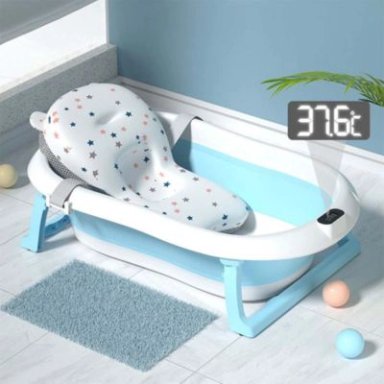 BAÑERA BABYKISS PLEGABLE CON TERMOMETRO Y COJIN PREMIUM CELESTE BEBE